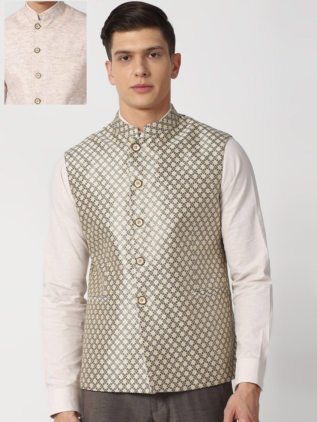 Van Heusen Men Beige Woven Design Reversible Nehru Jacket