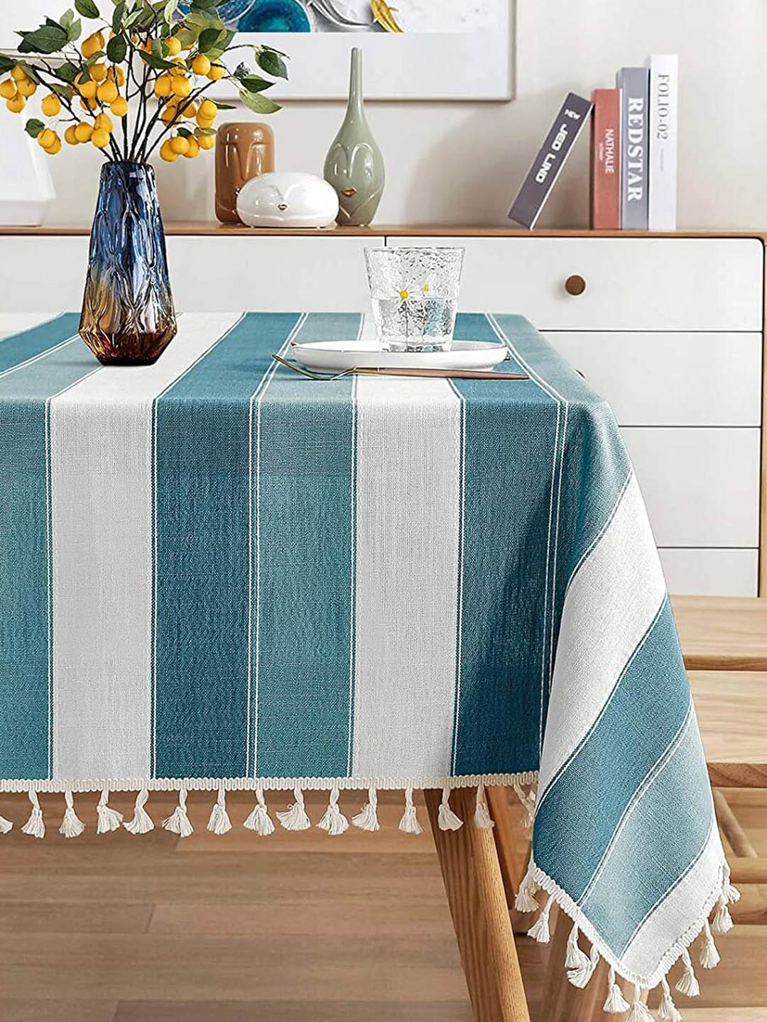 URBAN SPACE Green & White 6 Seater Striped Table Cloth Price in India