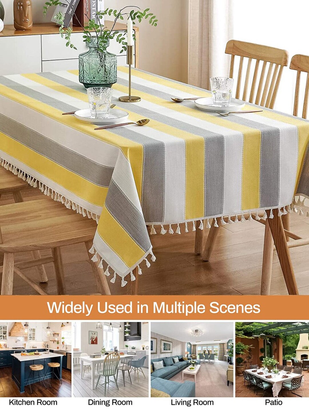 URBAN SPACE Yellow & Grey Striped 4-Seater Cotton Table Cloth Price in India