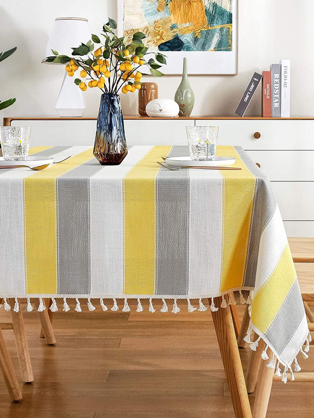 URBAN SPACE Yellow & White 6 Seater Striped Table Cloth Price in India