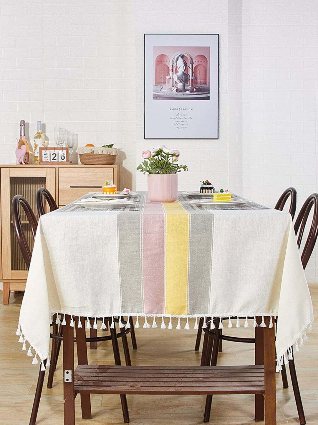 URBAN SPACE Yellow & White 4 Seater Striped Table Cloth Price in India