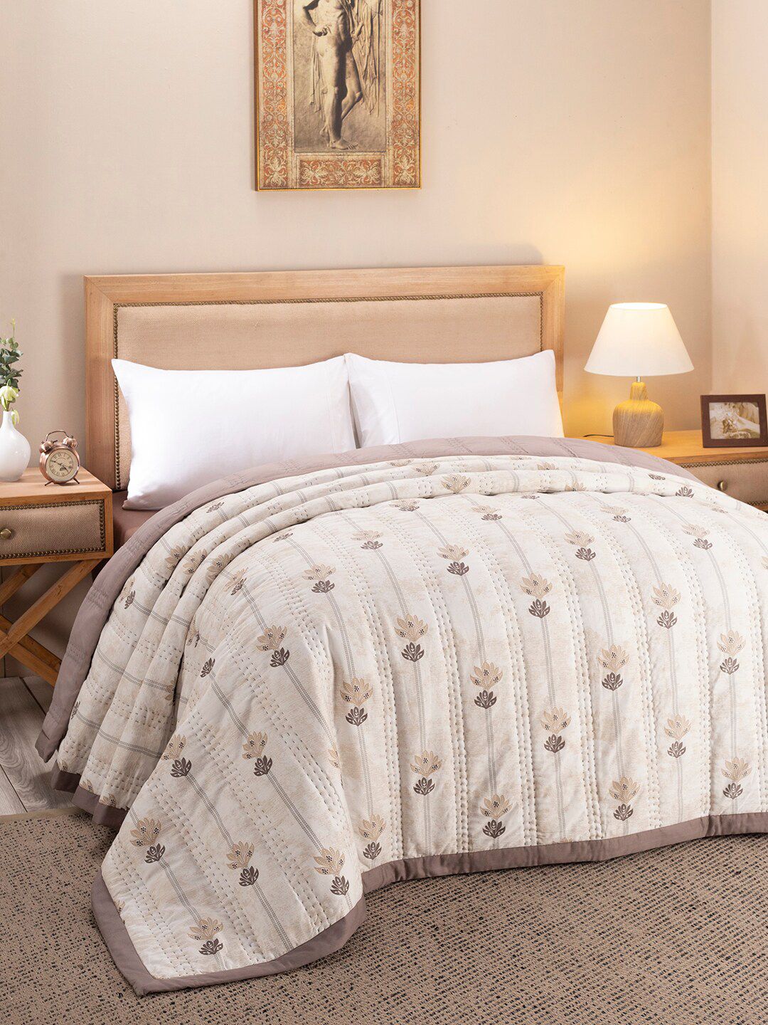 MASPAR Beige & Grey Floral AC Room 110 GSM Double Bed Quilt Price in India
