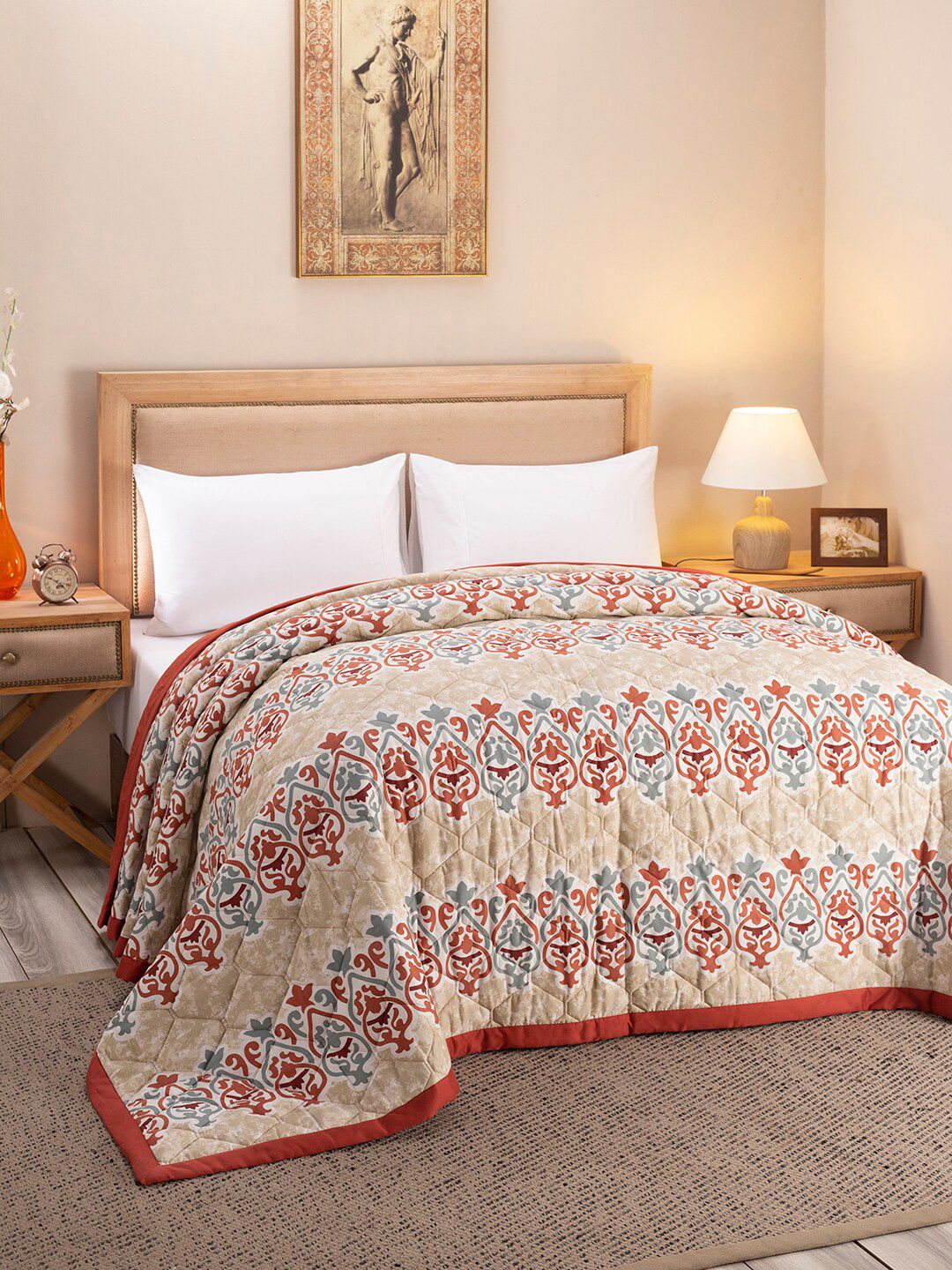 MASPAR Beige and Red Printed 300 GSM Cotton Quilted Double Quilt Price in India