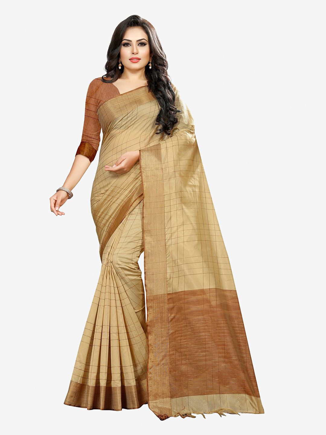 Indian Fashionista Women Cream-Colored & Brown Checked Silk Cotton Mysore Silk Saree Price in India