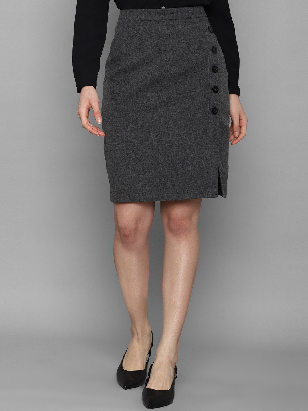 Allen Solly Women Grey Self-Design Knee-Length Pencil Skirt Price in India