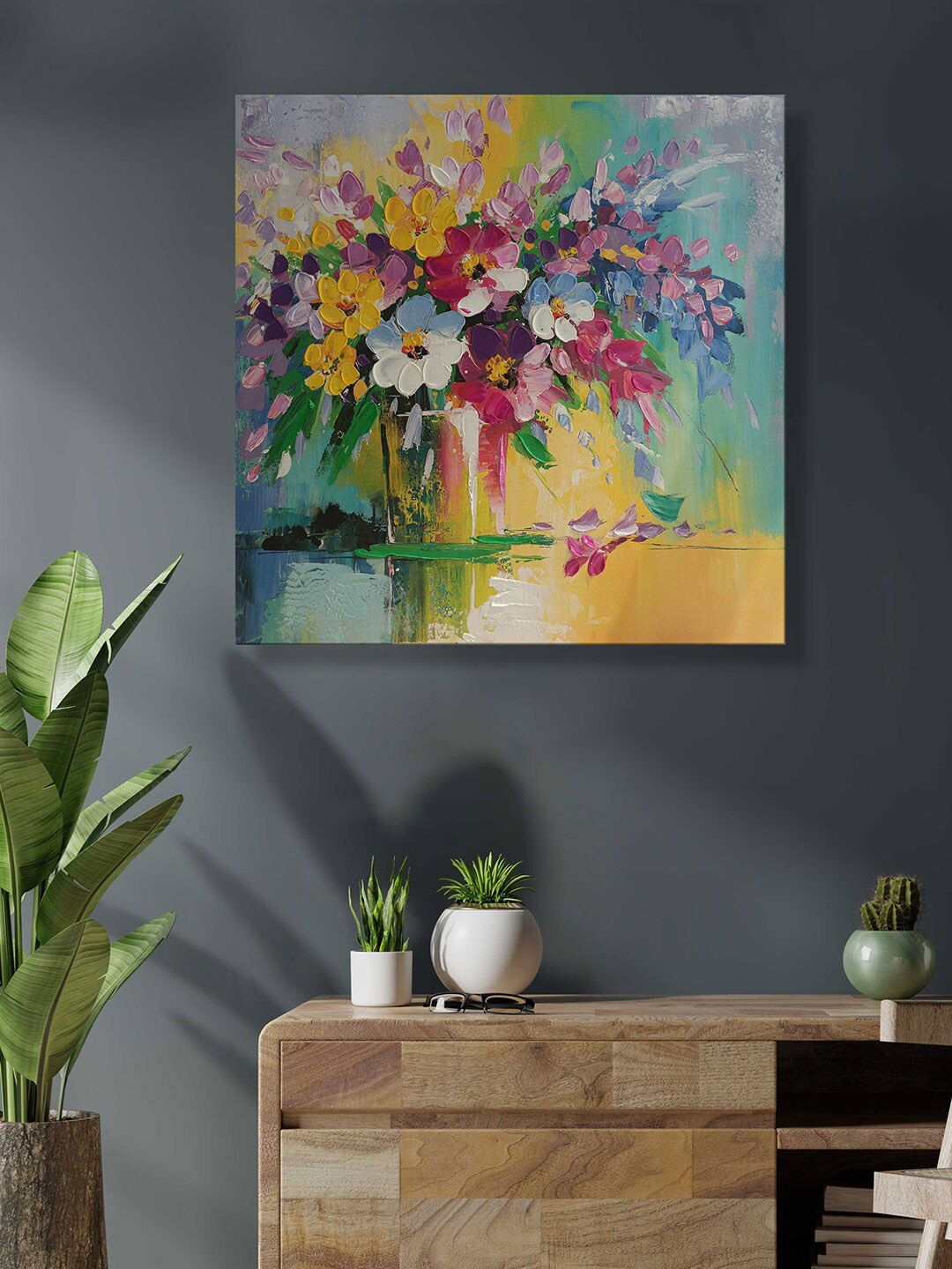 Art Street Blue & Yellow Floral Original Handmade Painting Wall Art Price in India