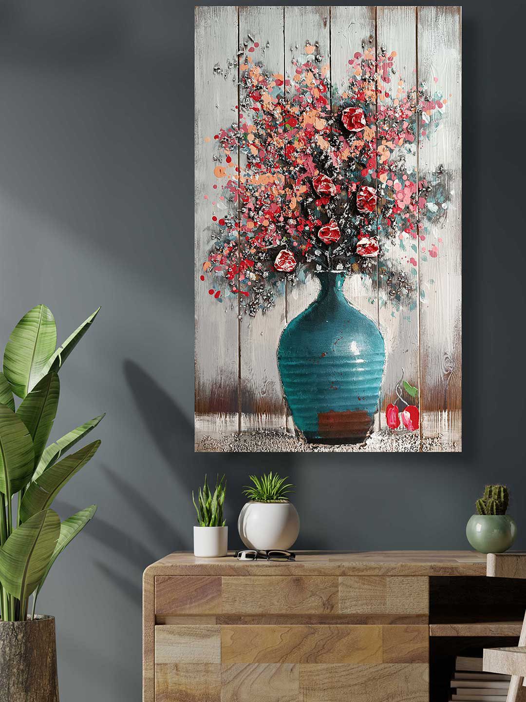 Art Street Blue Wooden Floral Pot Original Handmade Painting Wall Art Price in India