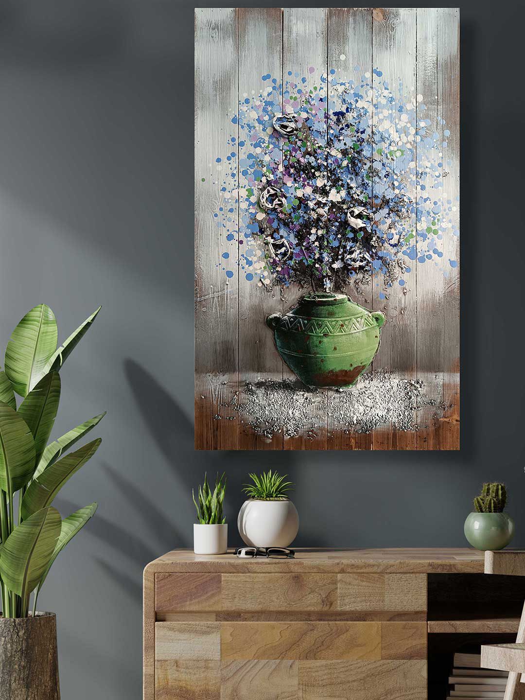 Art Street Green & Grey Flower Pot Handmade Original Wall Painting Price in India