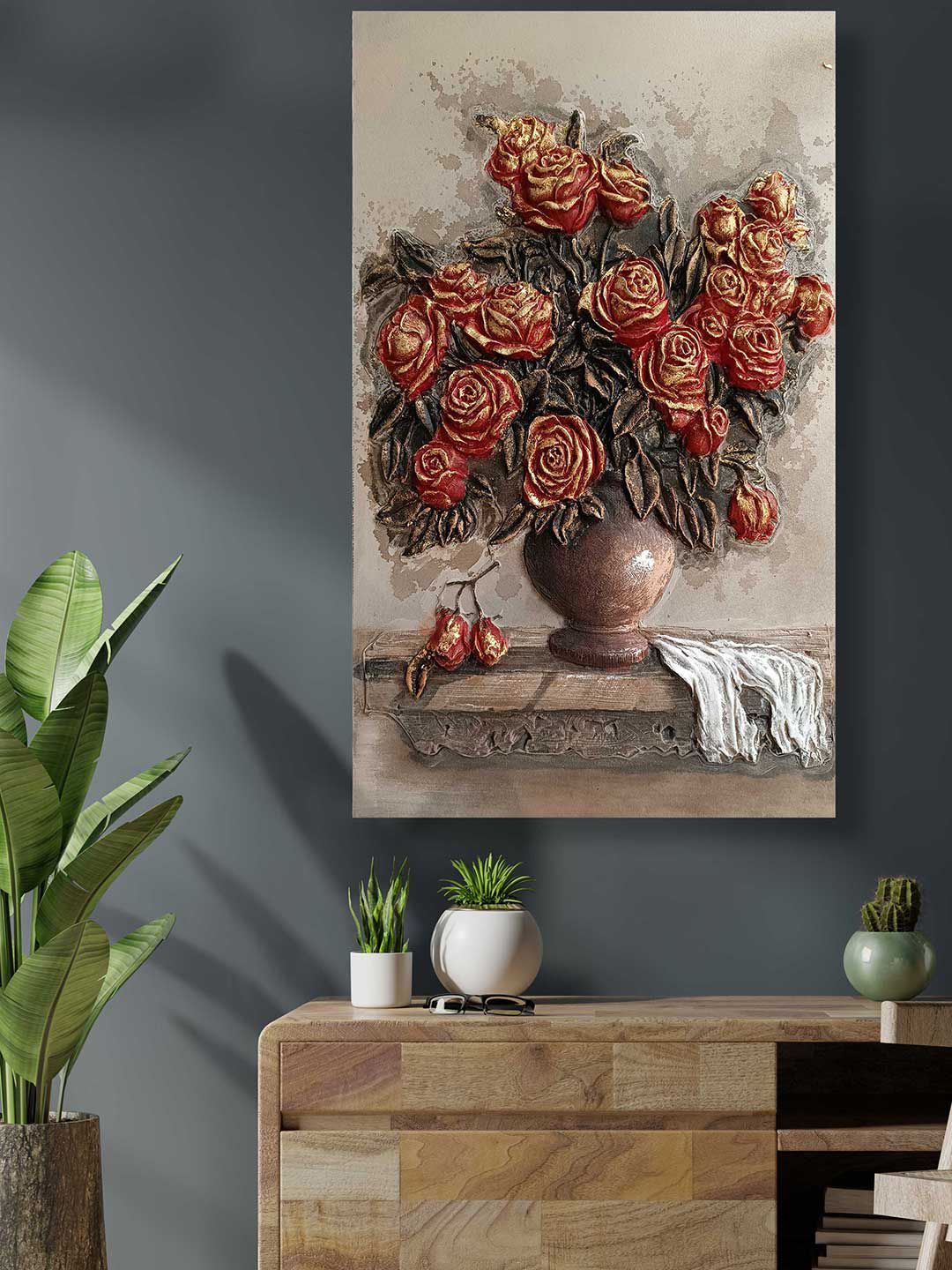 Art Street Red & Gold-Coloured Floral Handmade Original Wall Art Painting Price in India