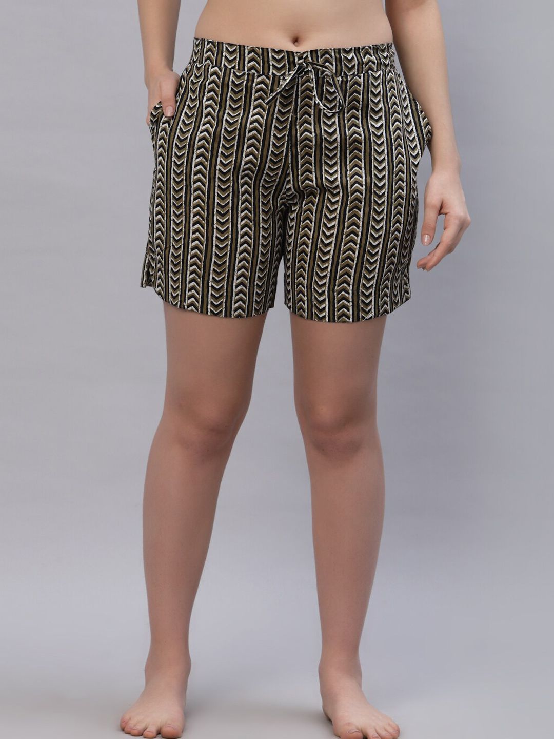 Ragavi Women Olive Green & Off White Printed Lounge Shorts Price in India