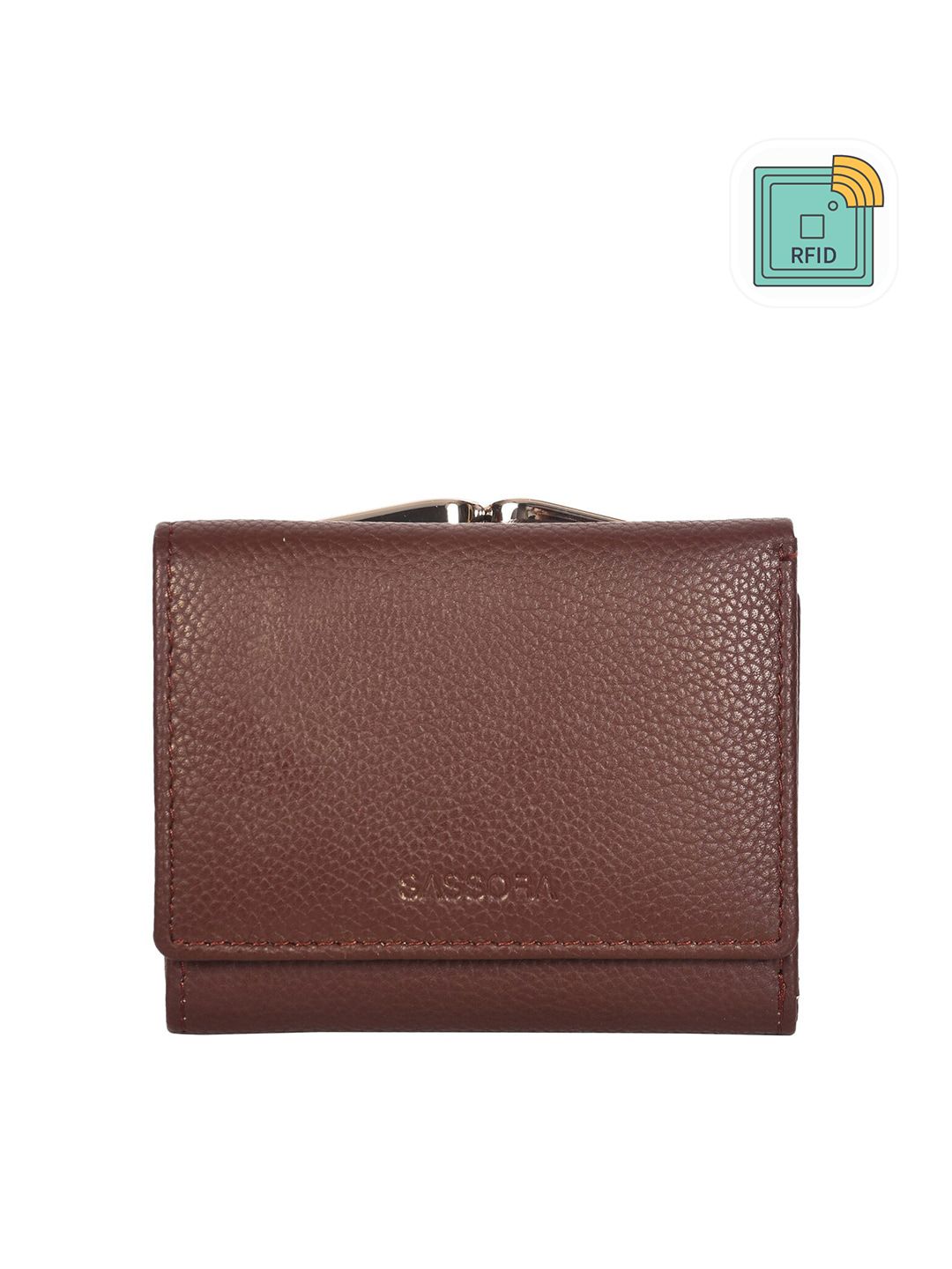 Sassora Men Brown & Gold-Toned Leather Three Fold Wallet
