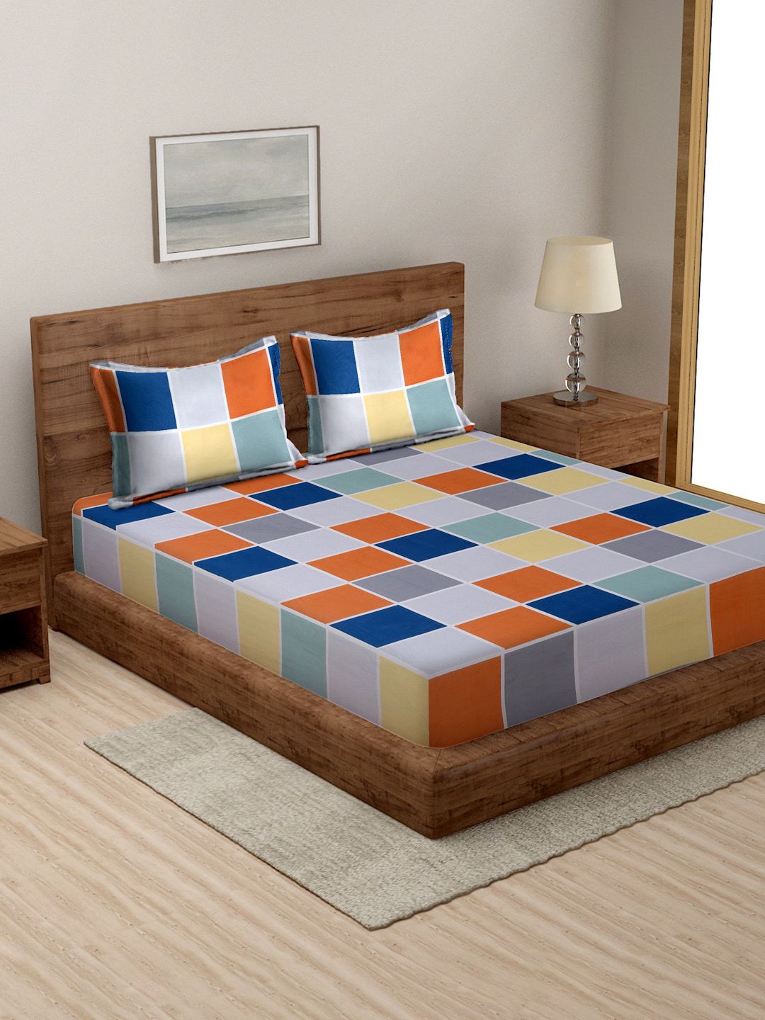 MORADO Blue & Orange Geometric 210 TC Queen Bedsheet with 2 Pillow Covers Price in India