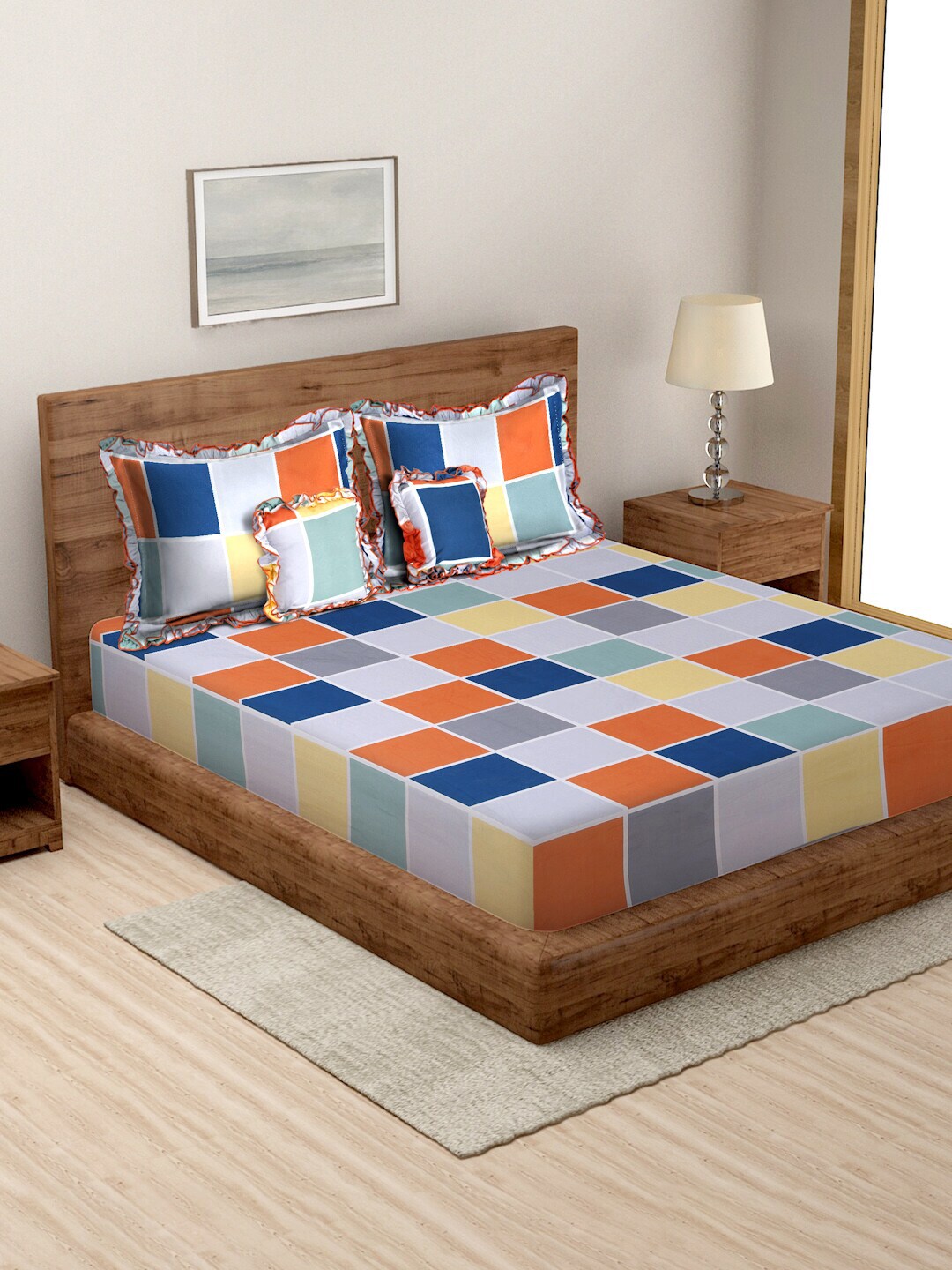 MORADO Blue & Orange Geometric Printed 5 Pcs Frill Bedding Set Price in India