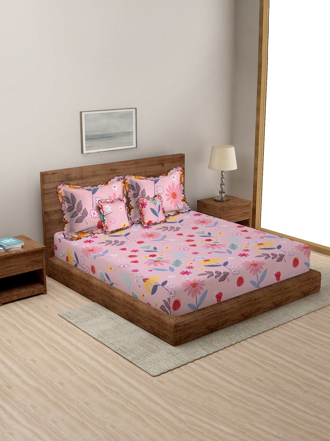 MORADO Pink & Blue Floral Printed 5 Pcs Frill Bedding Set Price in India