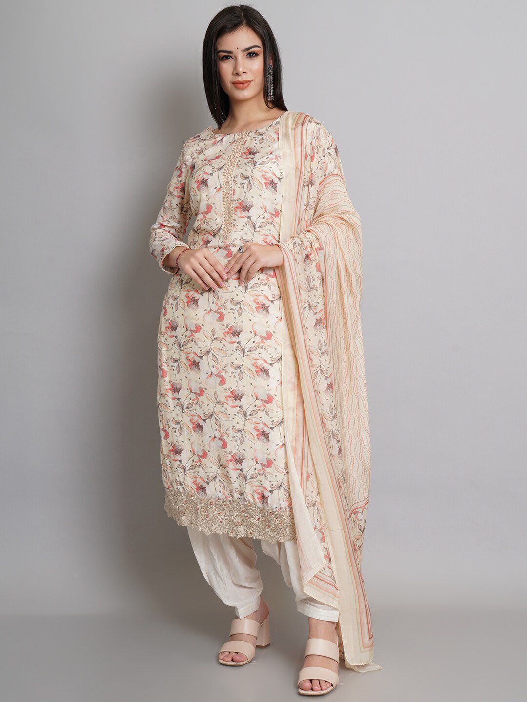 Stylee LIFESTYLE Cream-Coloured & Red Embroidered Pure Silk Unstitched Dress Material Price in India