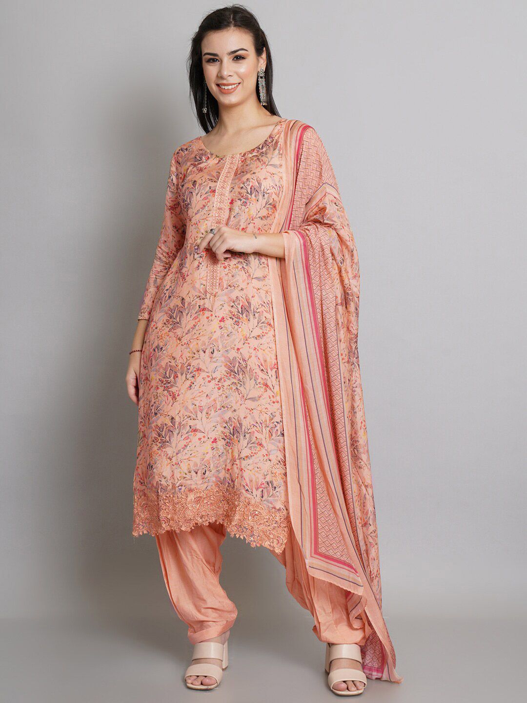 Stylee LIFESTYLE Peach-Coloured & Red Embroidered Pure Silk Unstitched Dress Material Price in India