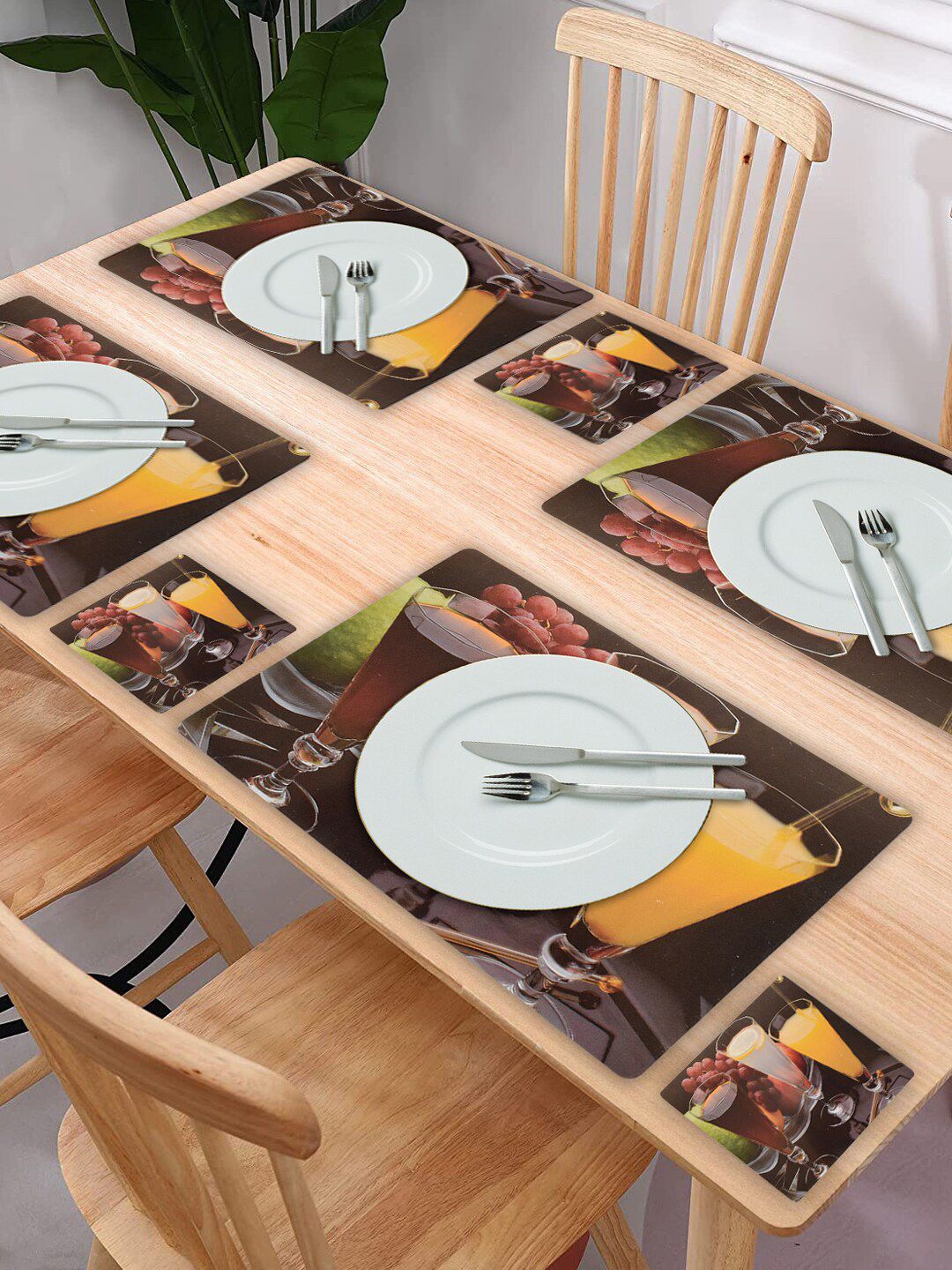 Kuber Industries Set of 6 Brown Printed Table Placemats & Coasters Set Price in India