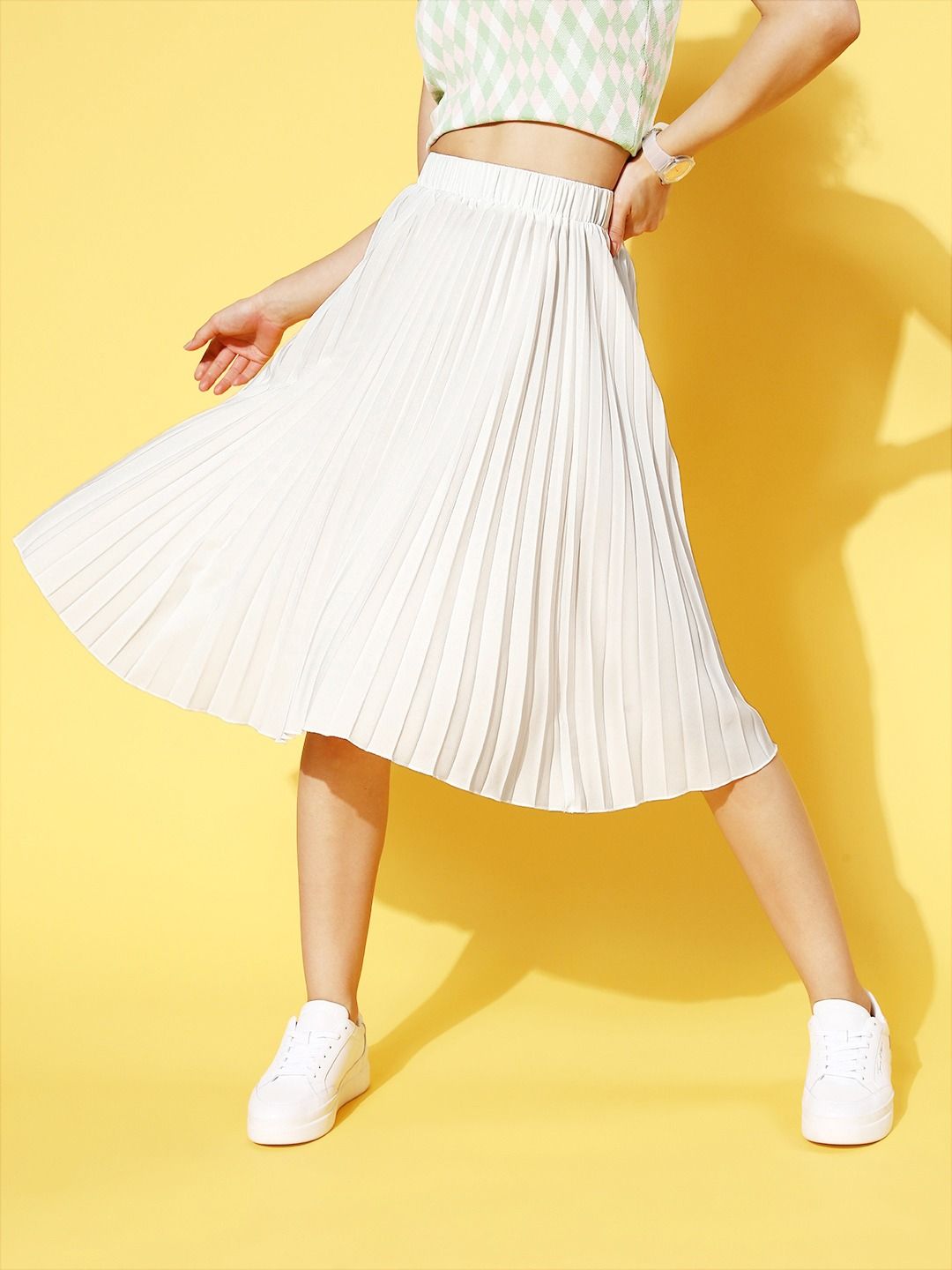 Berrylush Beautiful Off-White Solid Plisse Skirt Price in India