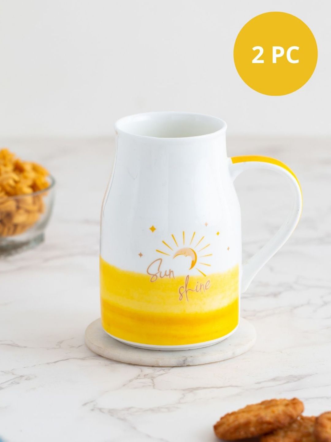 JCPL White & Yellow Pack of 2 Printed Ceramic Glossy Mugs Price in India