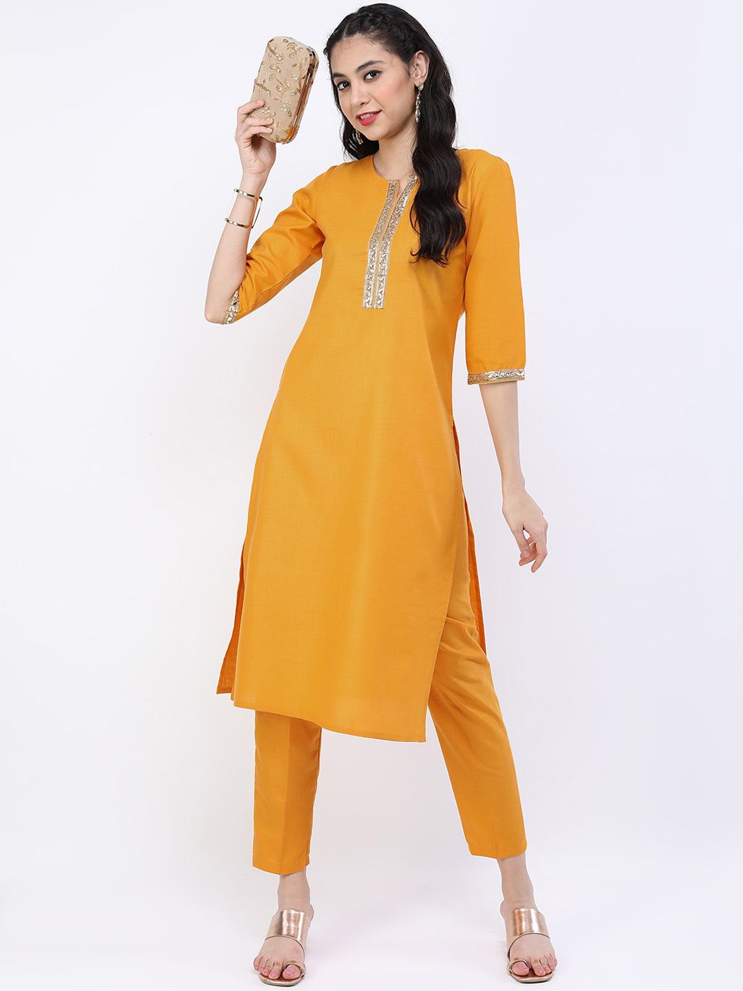 Vishudh Women Yellow Ethnic Motifs Yoke Design Sequinned Kurta with Trousers Price in India