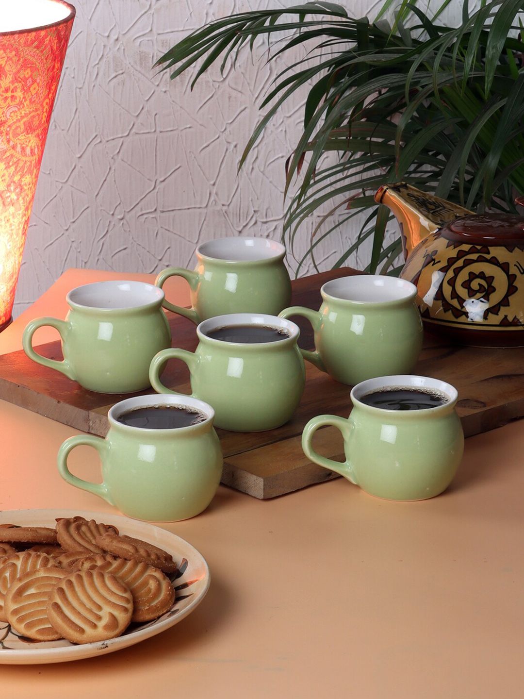 CDI Green & White Set Of 6 Solid Ceramic Glossy Cups Price in India