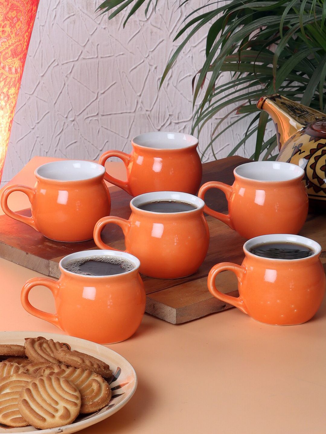 CDI Orange & White Solid Ceramic Dholak Shaped Tea & Coffee Cups Set Of 6 - 150ML Price in India