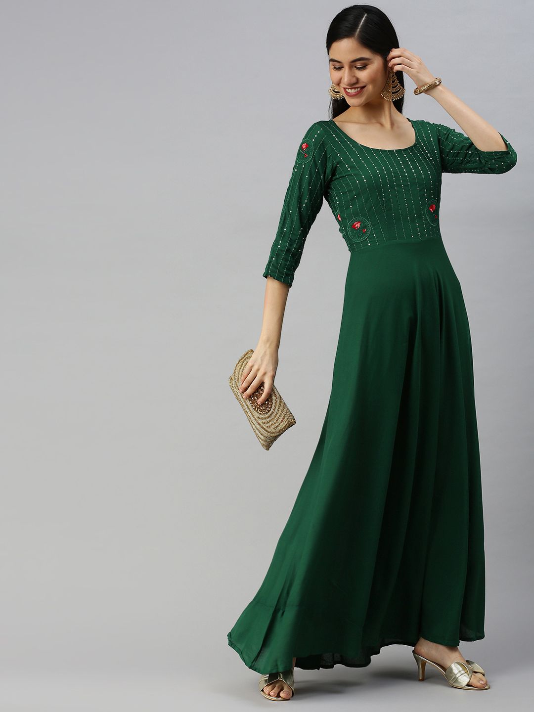 Swishchick Women Green A-Line Maxi Ethnic Dress Price in India