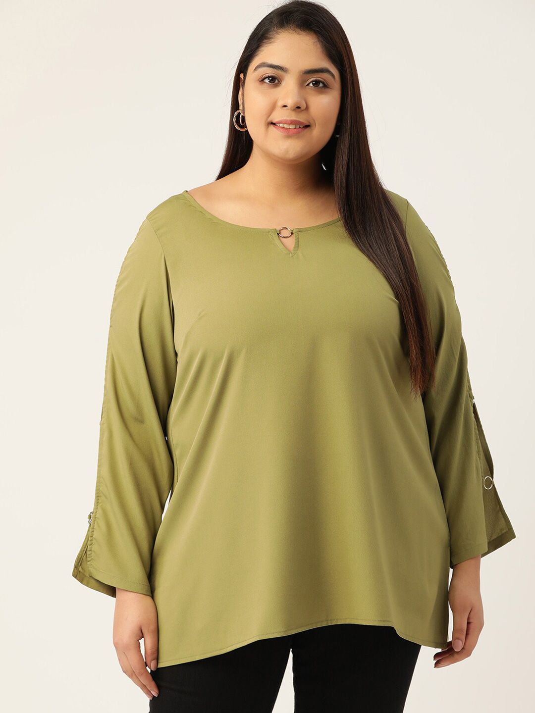 theRebelinme Women Plus Size Olive Green Keyhole Neck Crepe Top Price in India