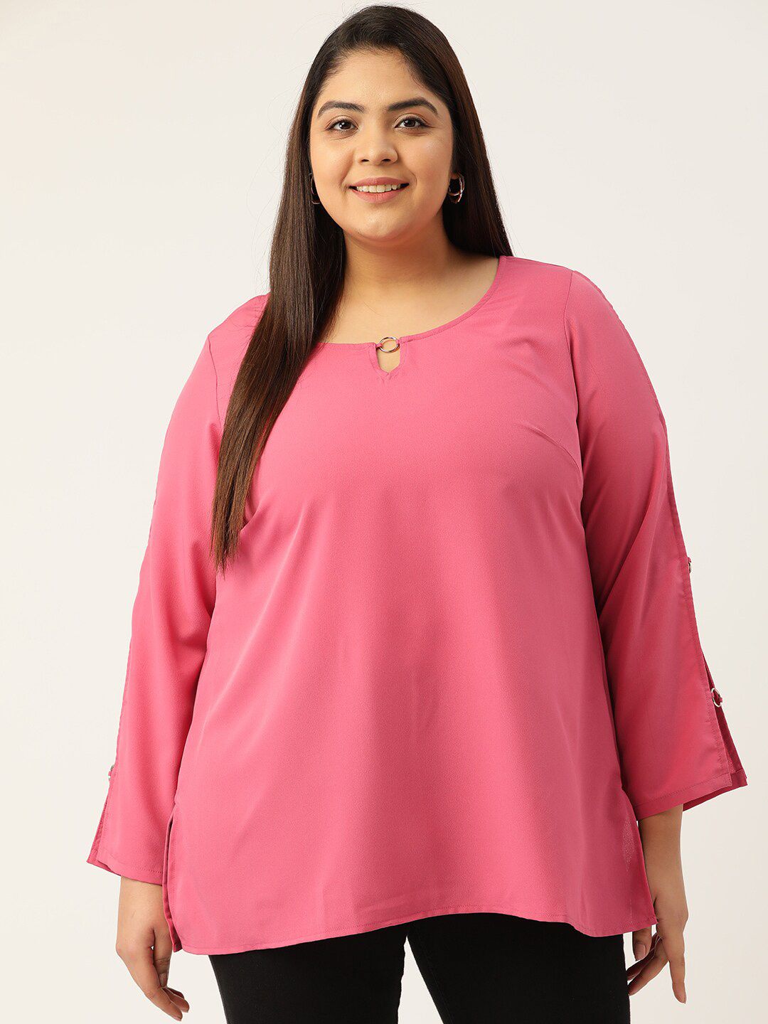 theRebelinme Pink Keyhole Neck Crepe Top Price in India
