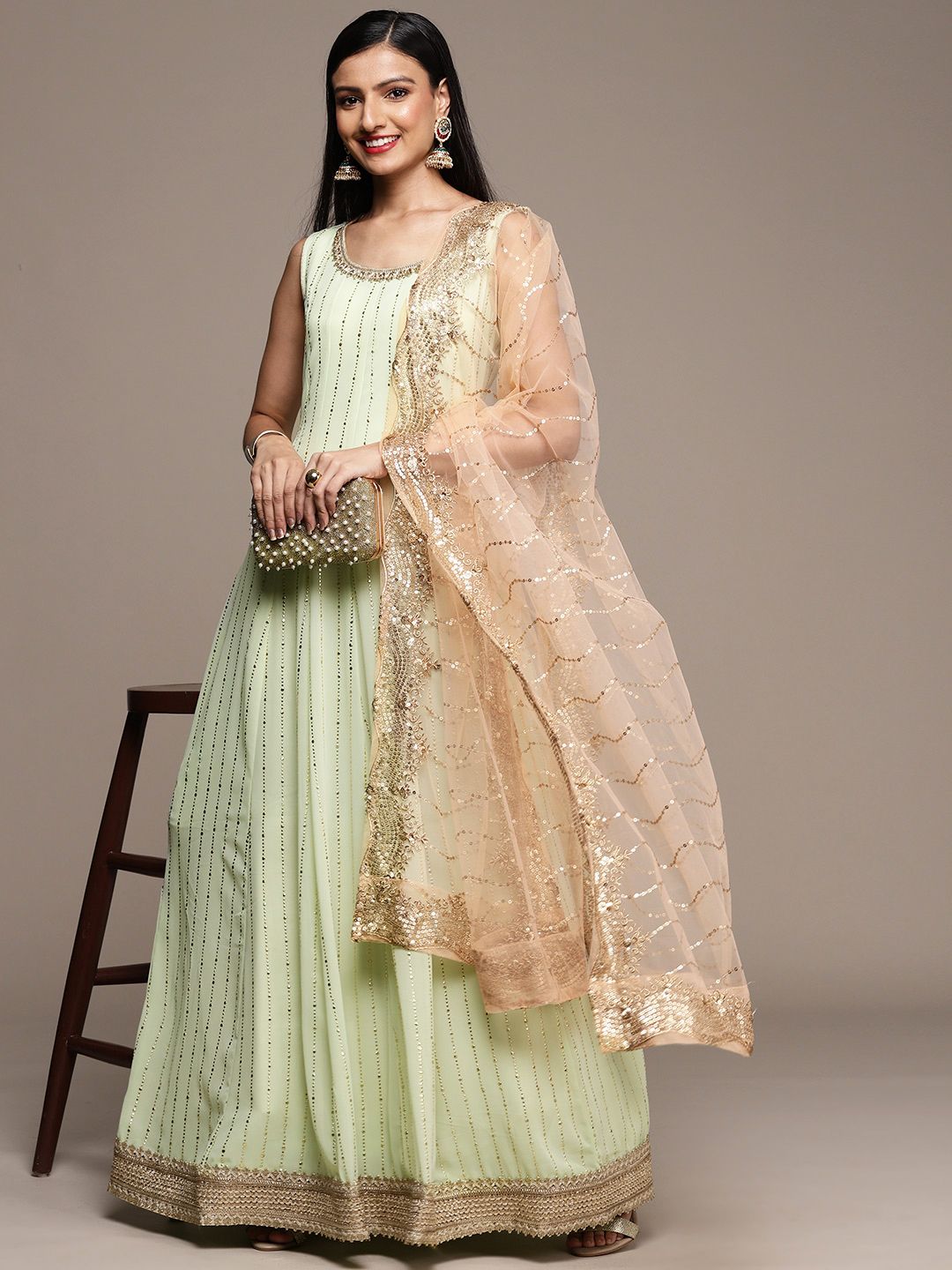 SAARYA Woman Ethnic Motifs Georgette Ethnic Maxi Dress With Dupatta Price in India