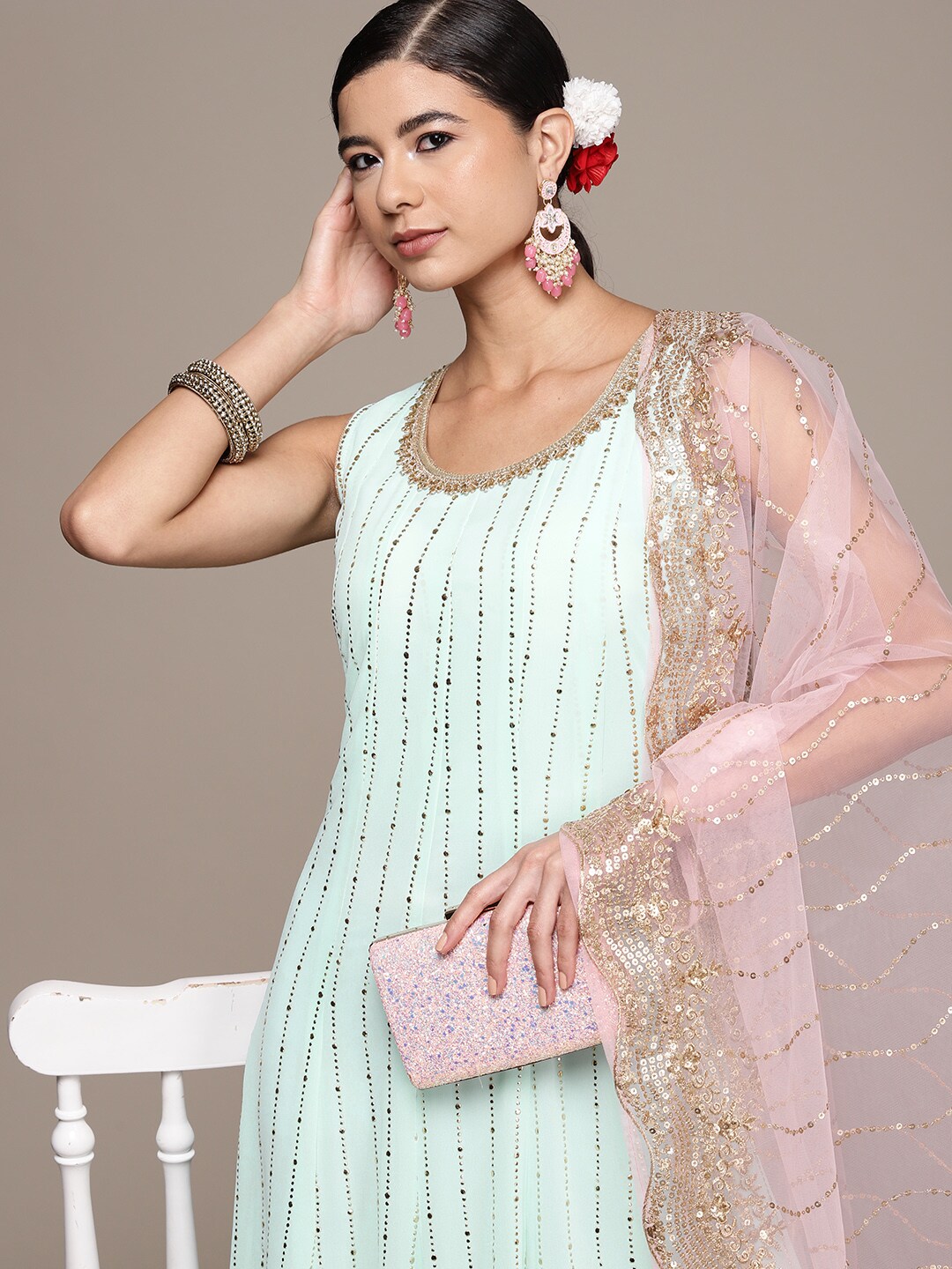 SAARYA Woman Ethnic Motifs Georgette Maxi Dress & Dupatta Price in India