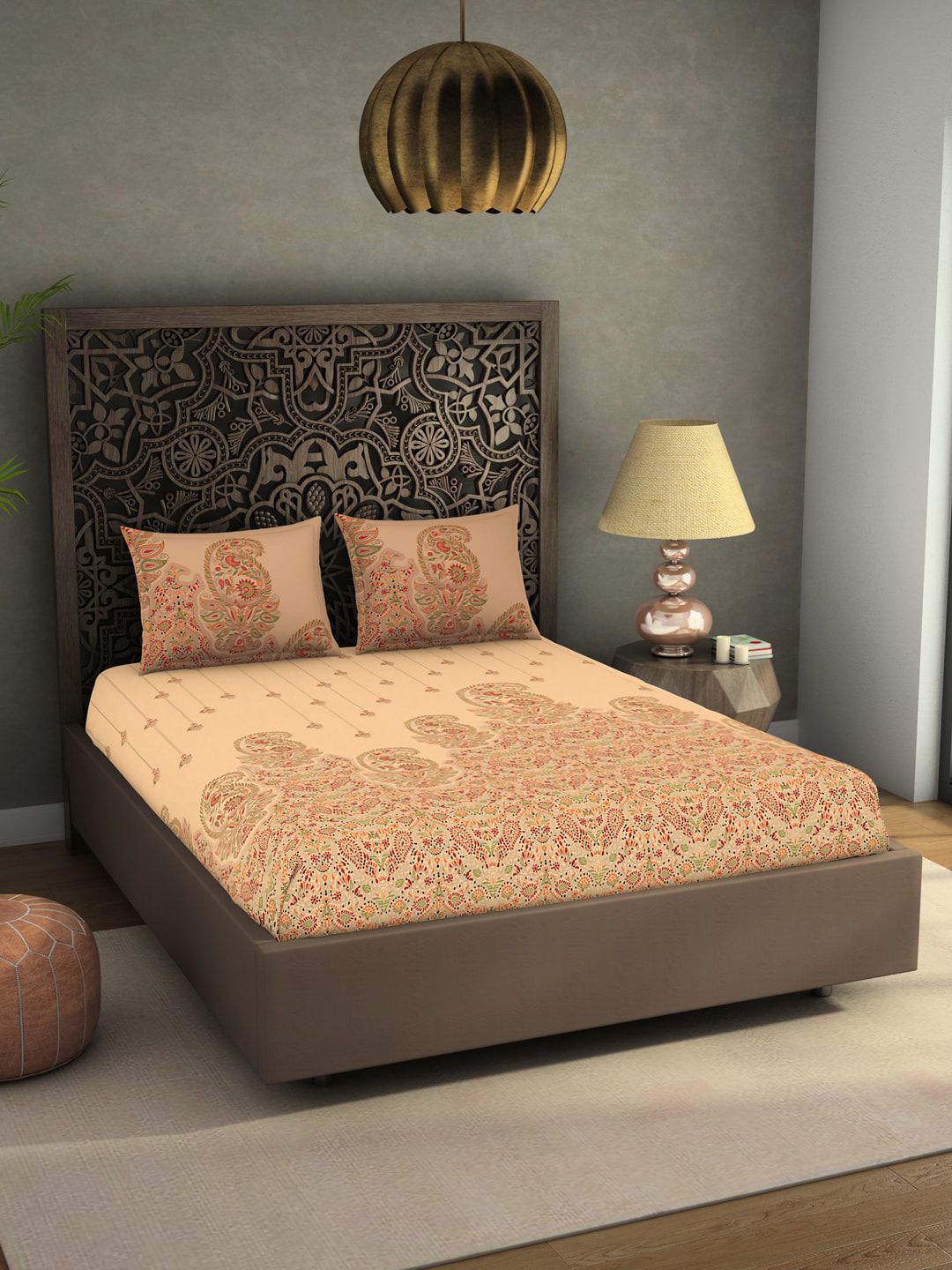 SPACES Beige & Green Ethnic Motifs 300 TC King Bedsheet with 2 Pillow Covers Price in India