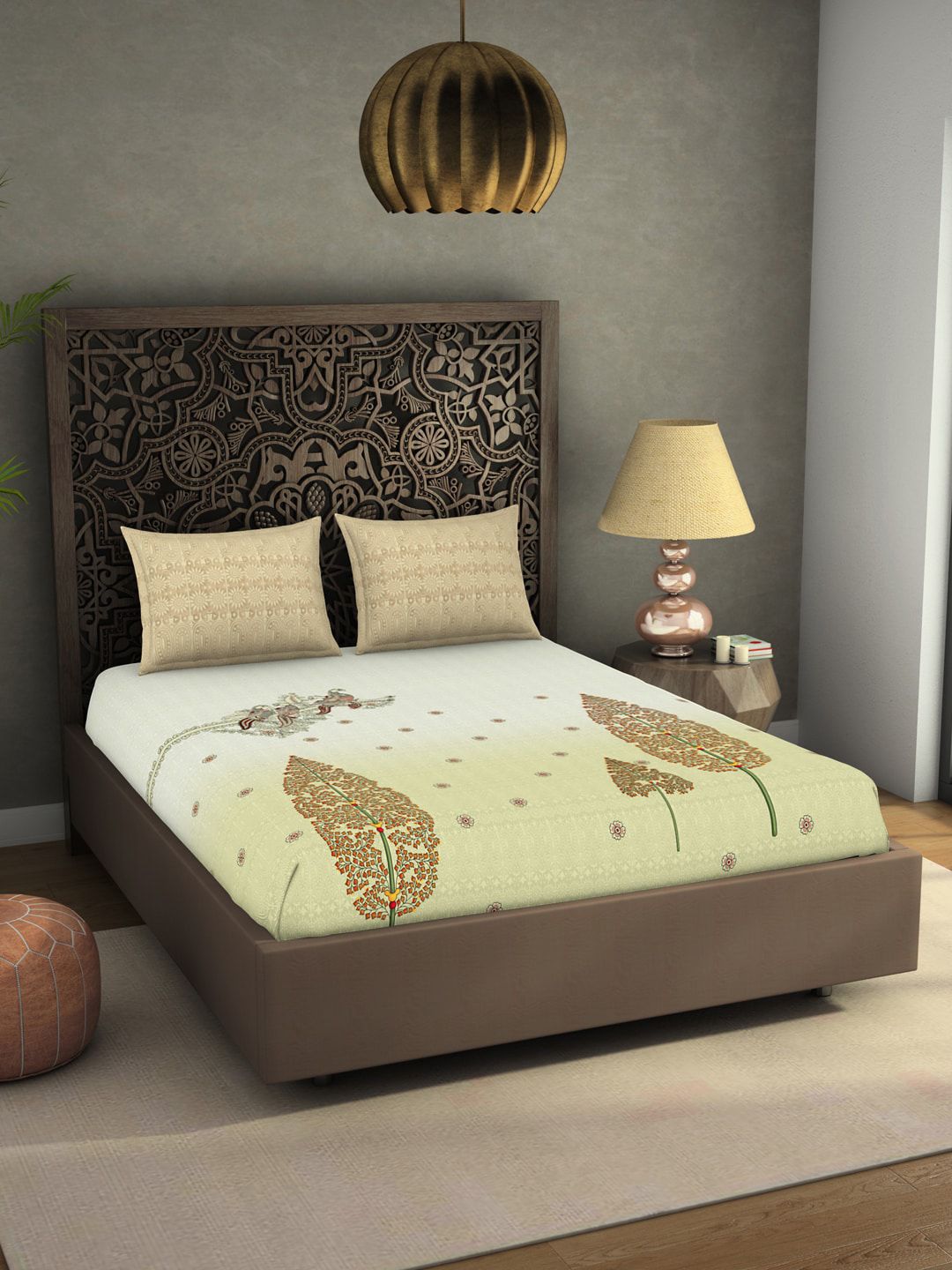 SPACES Beige Ethnic Motifs 300 TC King Bedsheet with 2 Pillow Covers Price in India