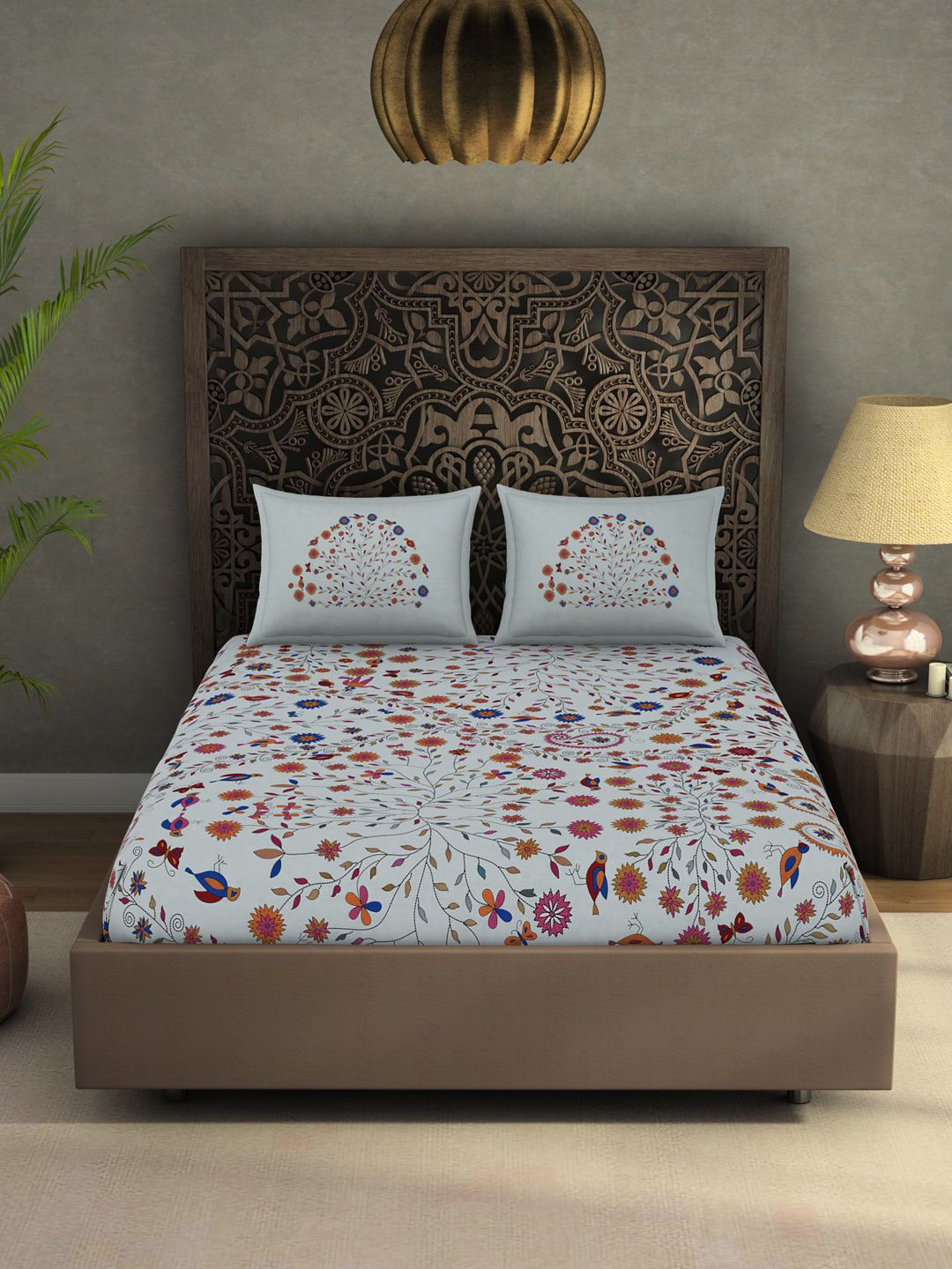SPACES Cream-Coloured & Orange Floral 300 TC King Bedsheet with 2 Pillow Covers Price in India