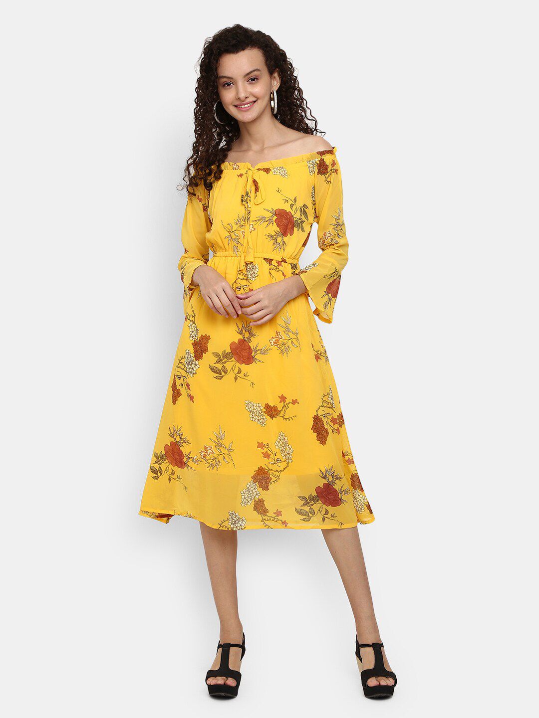 V-Mart Mustard Yellow Floral Printed Dress Price in India