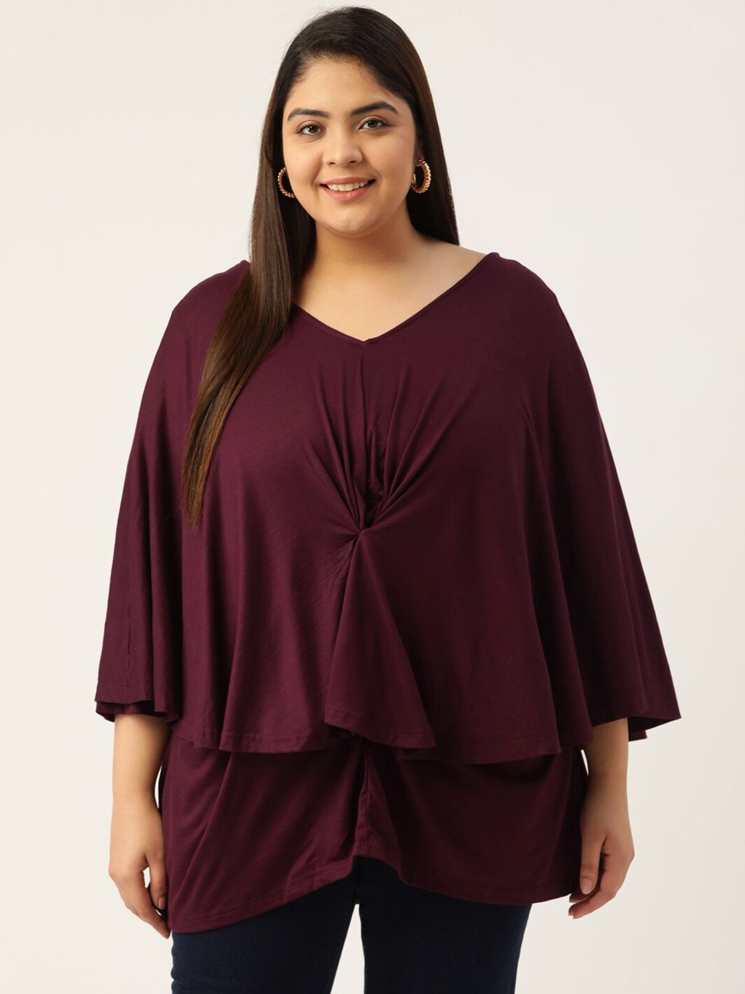 theRebelinme Plus Size Maroon Layered Cape Top Price in India
