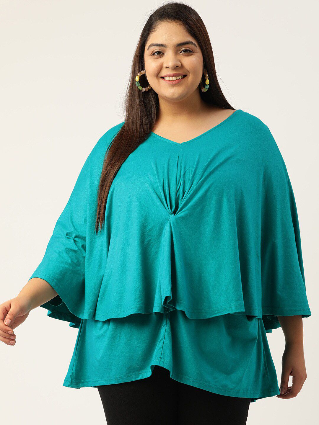 theRebelinme Plus Size Turquoise Blue Layered Cape Top Price in India