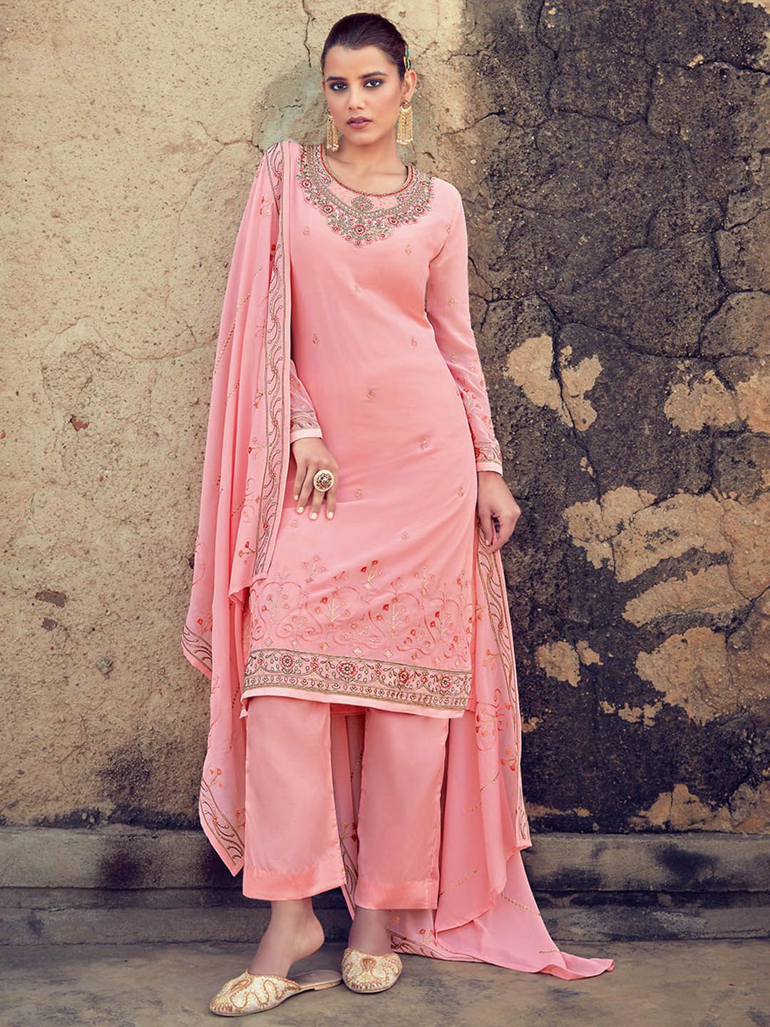 Shaily Women Pink & Red Embroidered Silk Georgette Unstitched Dress Material Price in India