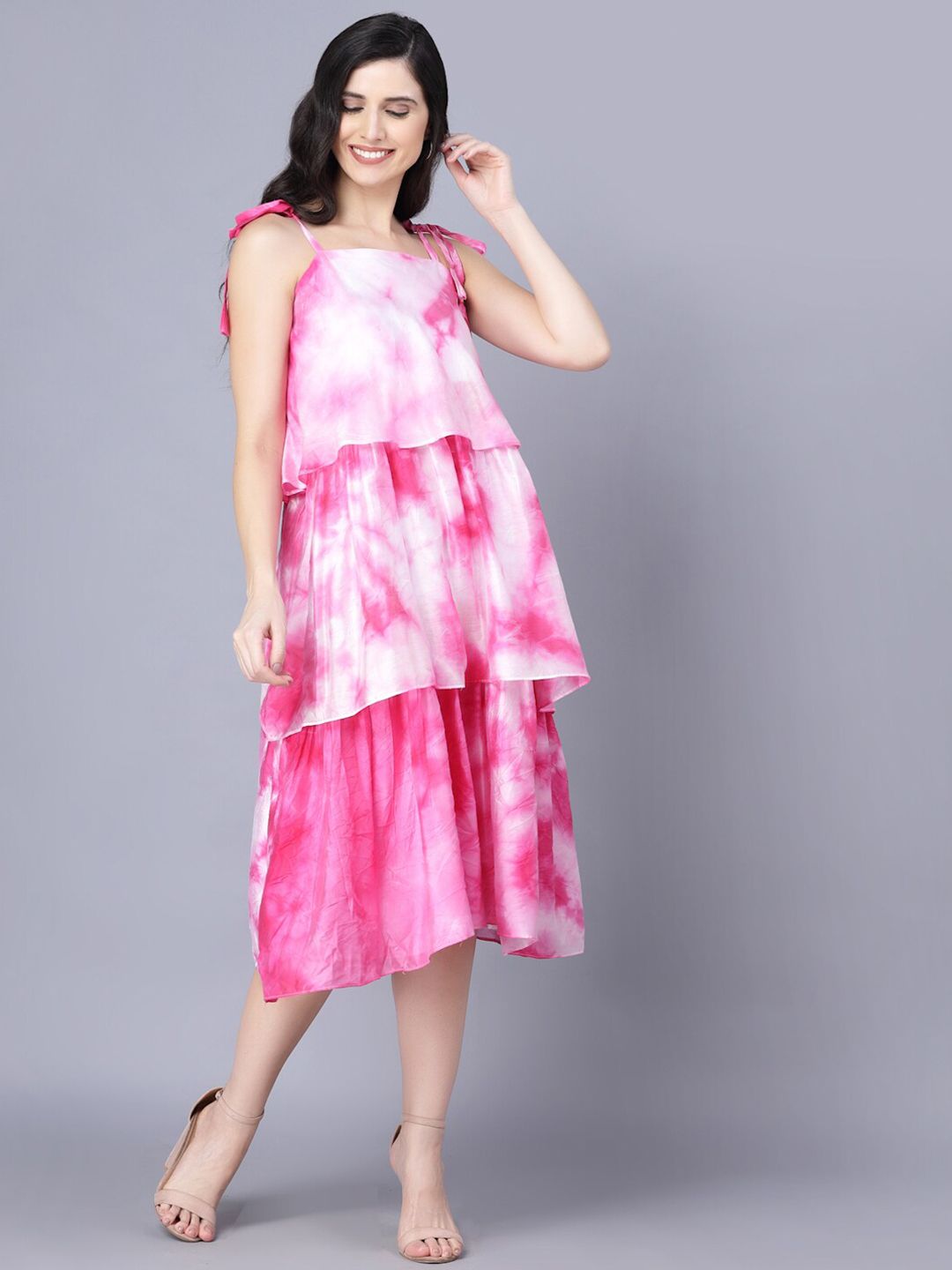 Myshka White & Pink Tie and Dye Dyed Layered A-Line Midi Dress Price in India