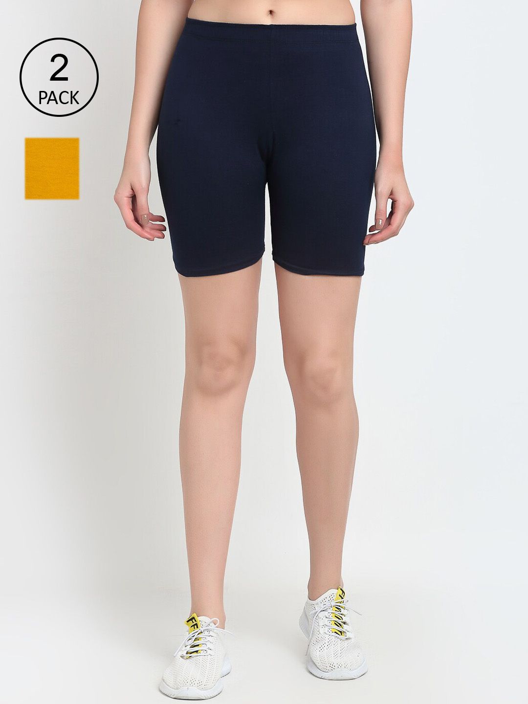 GRACIT Women Set Of 2 Navy Blue & Yellow Slim Fit Cycling Sports Shorts Price in India