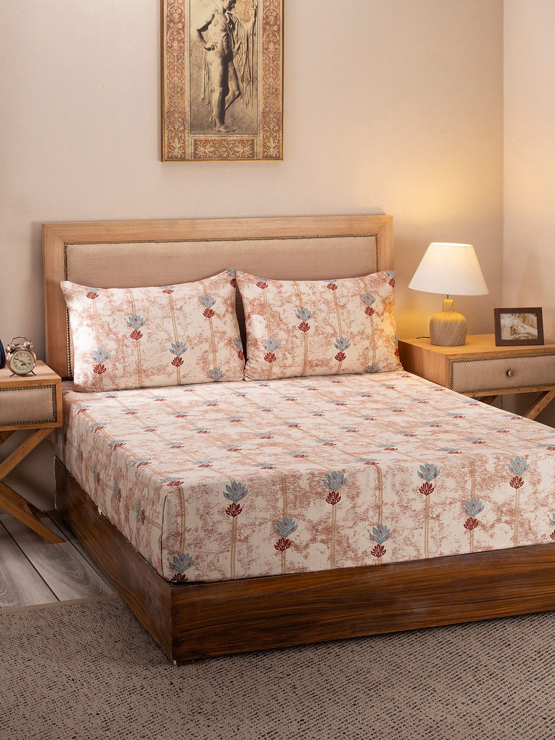 MASPAR Beige & Red Floral 300 TC Queen Bedsheet with 2 Pillow Covers Price in India