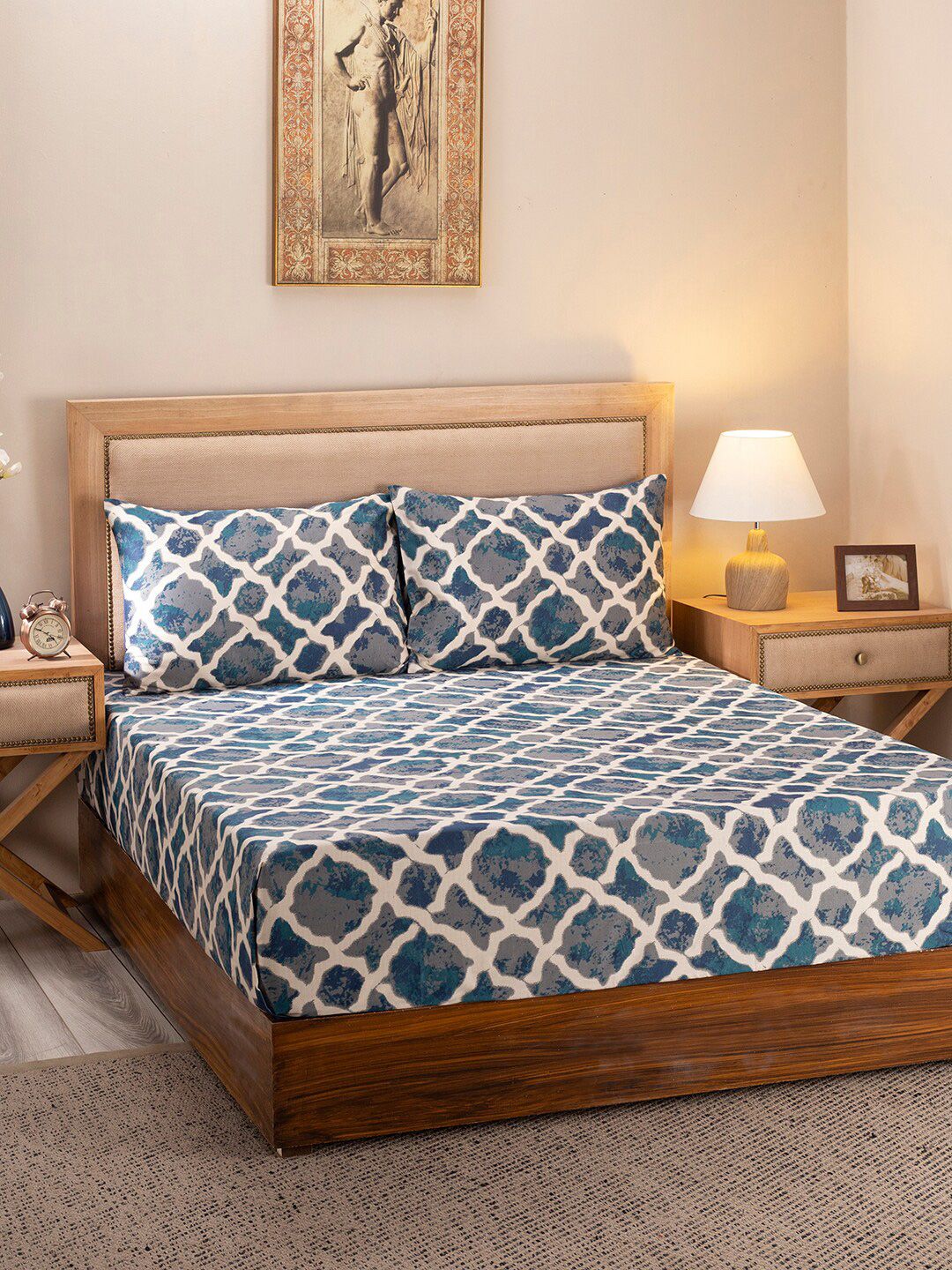 MASPAR Unisex Blue & Grey 300 TC Cotton Printed Double Bed Sheet With 2 Pillow Covers Price in India