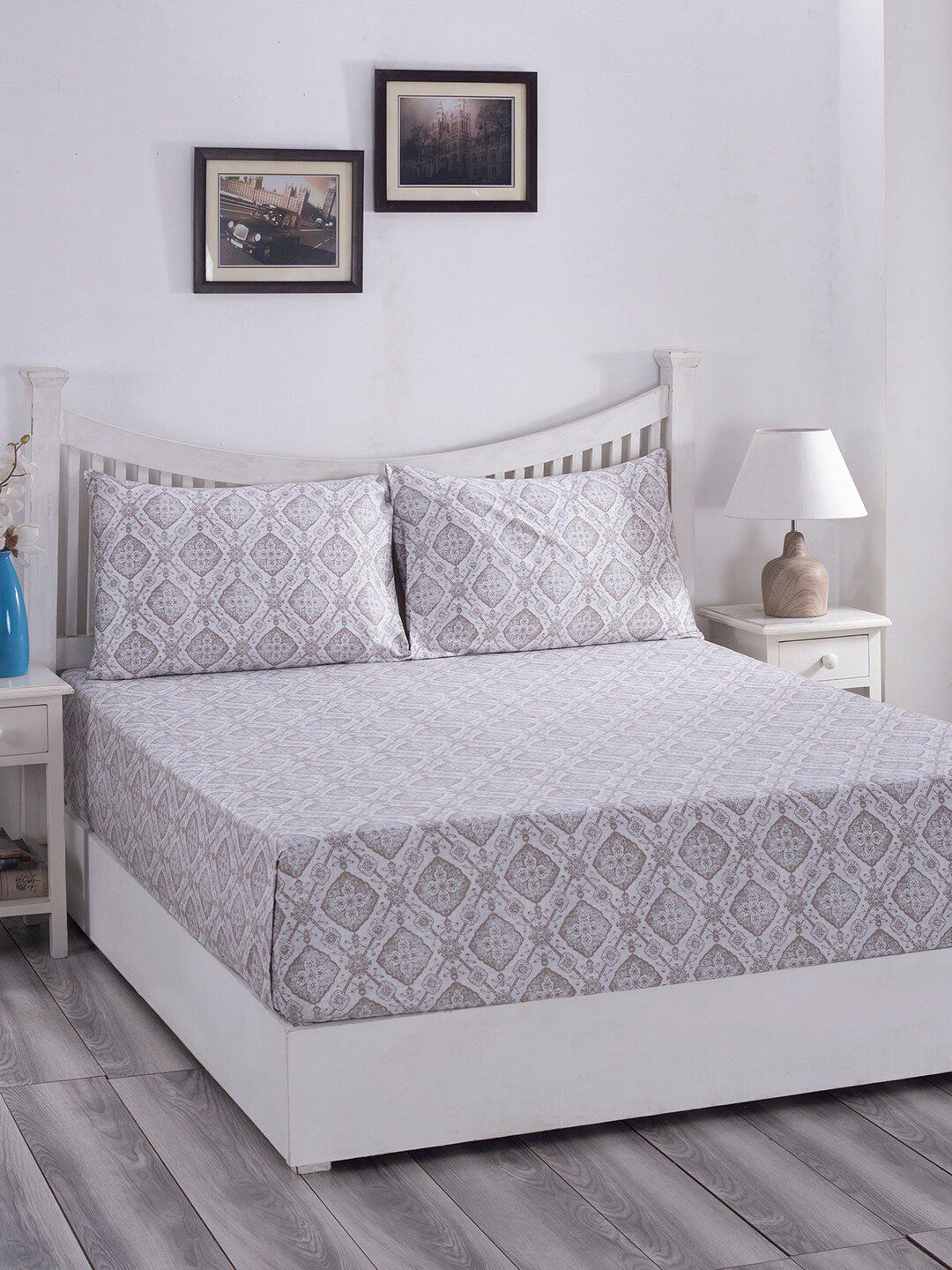 MASPAR Grey & White Ethnic Motifs 210 TC Queen Bedsheet with 2 Pillow Covers Price in India