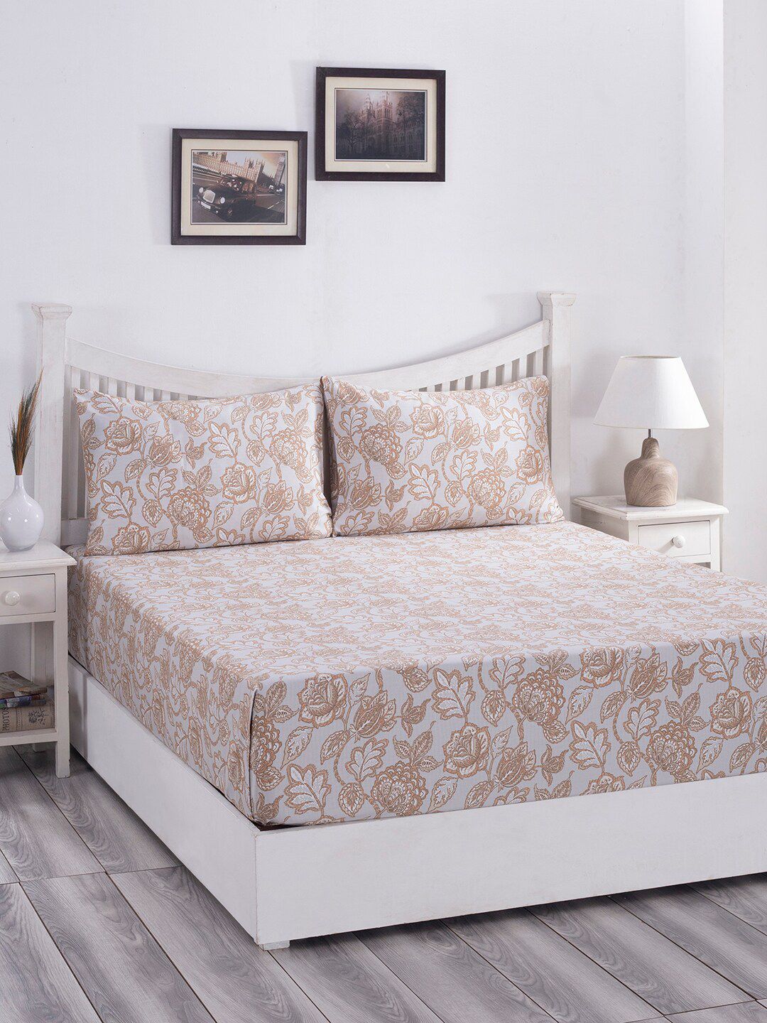 MASPAR Beige & Grey Floral 210 TC Queen Bedsheet with 2 Pillow Covers Price in India