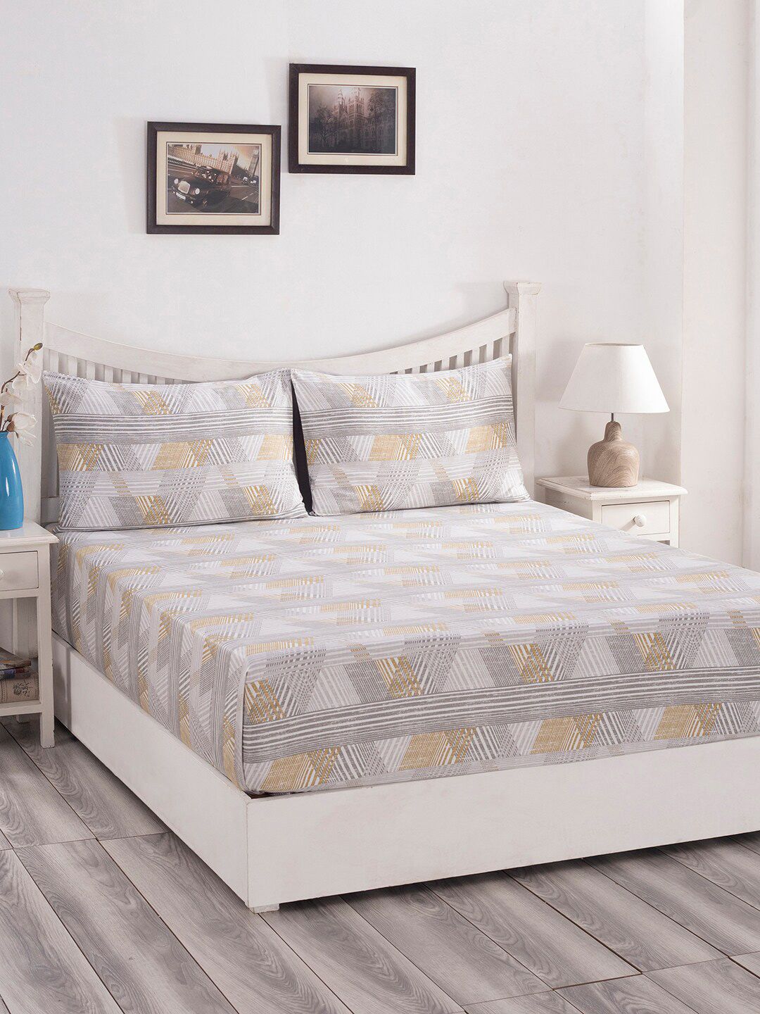 MASPAR Beige & Grey Geometric 210 TC Queen Bedsheet with 2 Pillow Covers Price in India