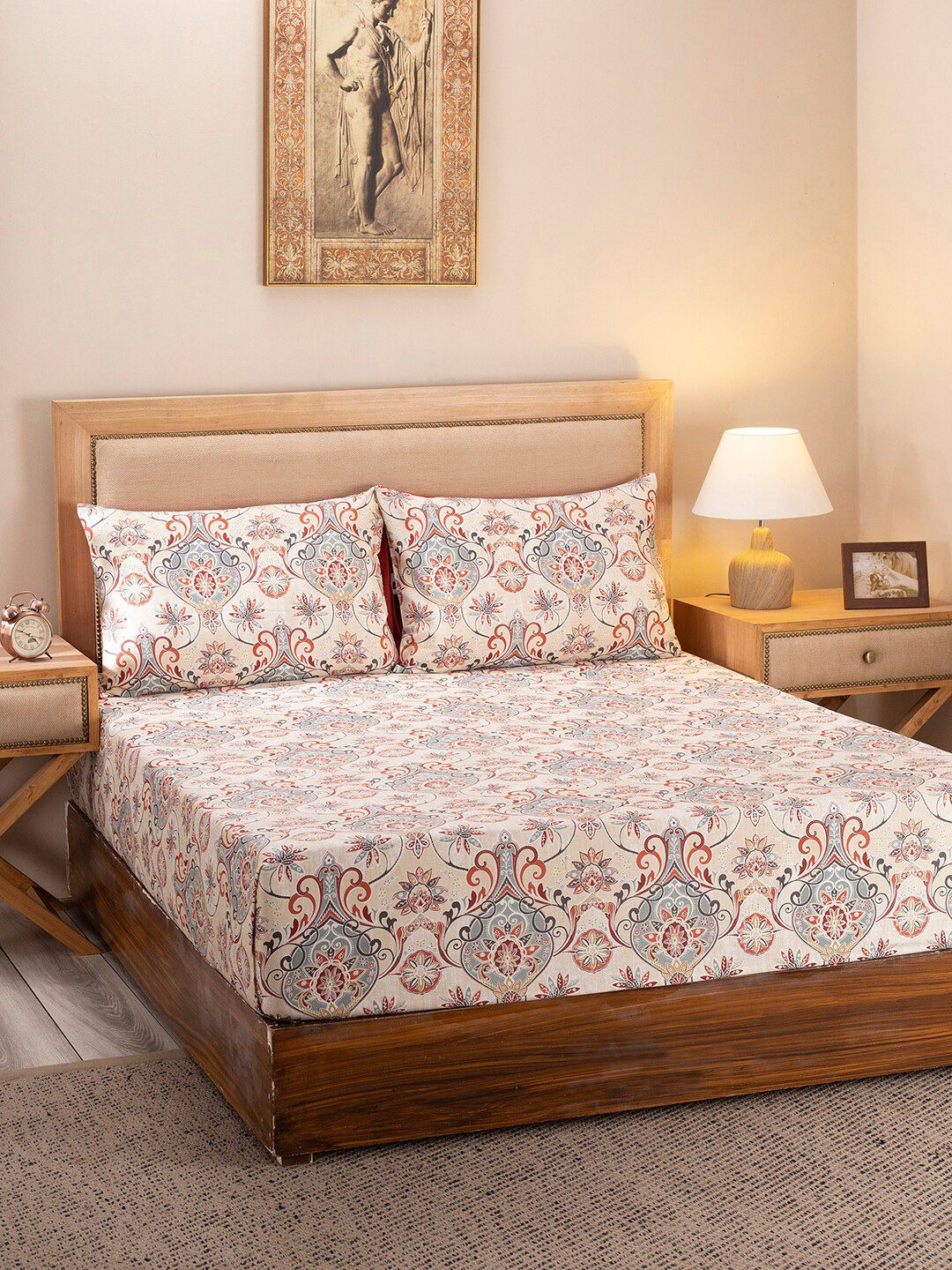 MASPAR Cream-Coloured & Grey Ethnic Motifs 300 TC King Bedsheet with 2 Pillow Covers Price in India