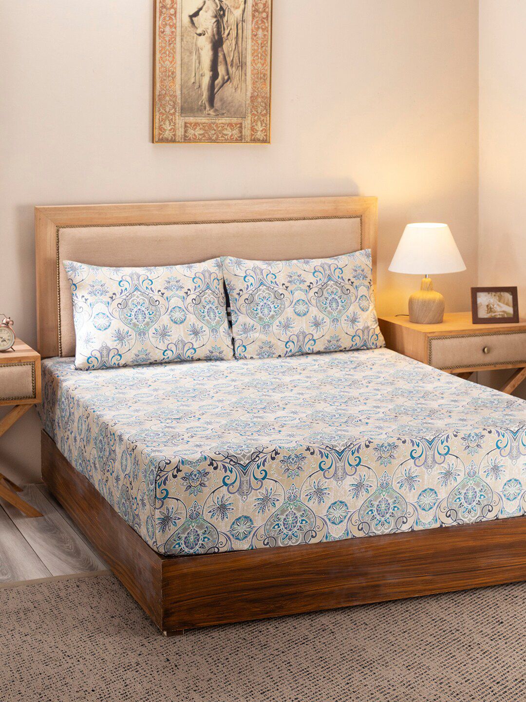 MASPAR Unisex Blue 300 TC Cotton Print Double Bed Sheet With 2 Pillow Covers Price in India