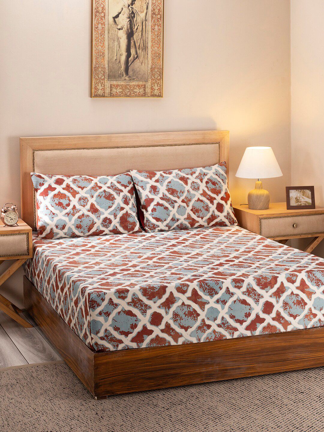 MASPAR Red & White Geometric 300 TC Cotton King Bedsheet with 2 Pillow Covers Price in India