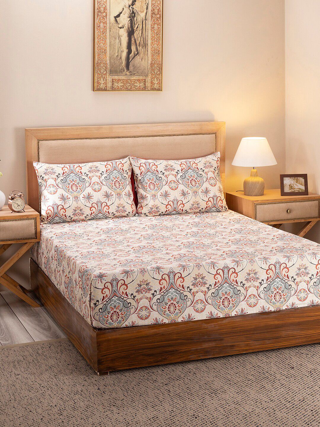 MASPAR Beige & Grey Printed 300 TC Queen Cotton Bedsheet with 2 Pillow Covers Price in India