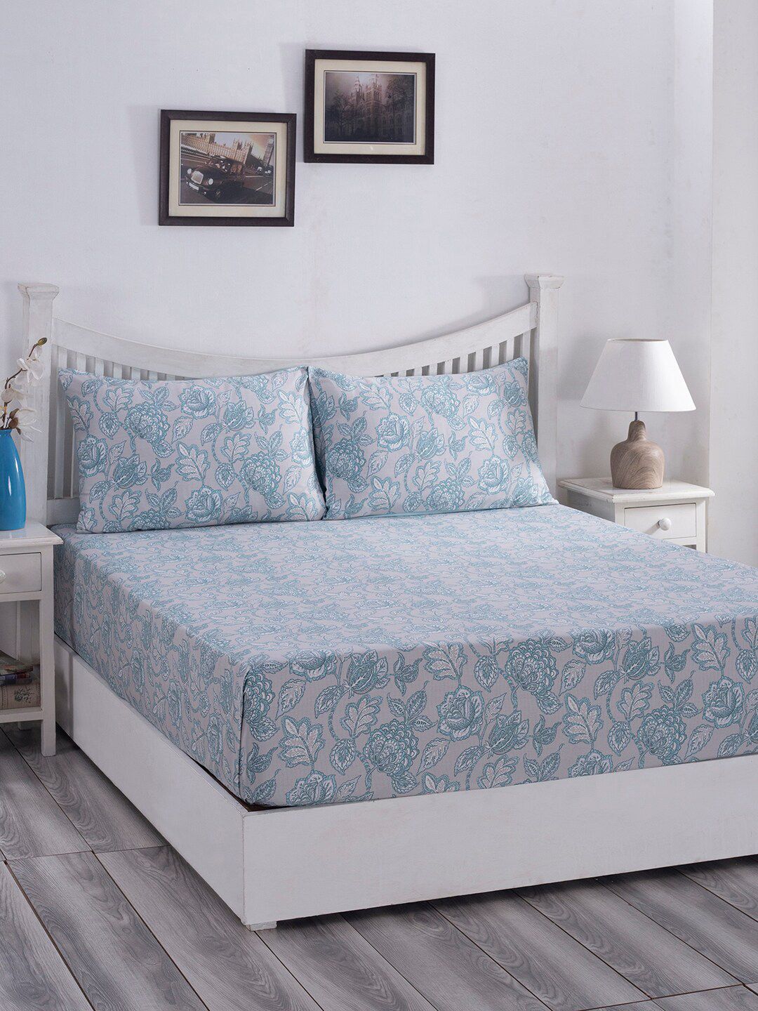 MASPAR Blue & White Floral 210 TC Queen Bedsheet with 2 Pillow Covers Price in India